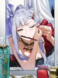  animal_ears applying_makeup black_dress blue_eyes blush bottle breasts closed_mouth clothes clothes_hanger clothes_rack collarbone commentary_request curtains dress eyeshadow female female_pov glint gold_ship_(la_mode_564)_(umamusume) gold_ship_(umamusume) grey_hair hair_ornament hairclip highres horse_ears horse_girl jewelry koppe_koppe leaning_forward long_hair looking_at_viewer makeup makeup_brush medium_breasts mirror mouth_hold necklace one_eye_closed ponytail pov red_eyes red_nails reflection single_bare_shoulder solo sparkle umamusume white_hair 