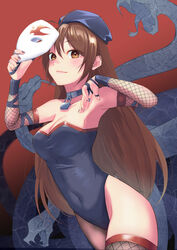  armpits blush breasts brown_eyes brown_hair candice_(mar) cleavage collar commentary_request commission cosplay covered_navel cowboy_shot danchigai female fishnet_gloves fishnet_thighhighs fishnets gloves hands_up hat highres holding holding_mask leotard lock long_hair looking_at_viewer marchen_awakens_romance mask medium_breasts nail_polish nakano_mutsuki single_fishnet_legwear single_thighhigh smile snake solo strapless strapless_leotard thighhighs unworn_mask user_dttw2327 very_long_hair 