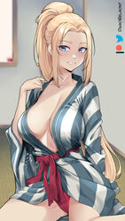  2023 artist_name bath_yukata beatrix_amerhauser blonde_hair blue_eyes blush breasts commentary damobelmont female grin hand_up high_ponytail highres indoors japanese_clothes kimono large_breasts light_blush long_hair looking_at_viewer paid_reward_available panties pantyshot patreon_logo red_panties red_sash sash sidelocks signature sitting smile solo tatami twitter_logo underwear very_long_hair window yokozuwari yukata zom_100:_zombie_ni_naru_made_ni_shitai_100_no_koto 