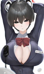  absurdres animal_ears arms_up black_eyes black_hair blue_archive blush bow bowtie breasts cleavage collared_shirt commentary_request female halo highres huge_breasts kazane-wind large_breasts long_sleeves looking_at_viewer name_tag red_bow red_bowtie red_halo shirt short_hair simple_background solo tour_guide tsubaki_(blue_archive) tsubaki_(guide)_(blue_archive) walkie-talkie white_background white_shirt 