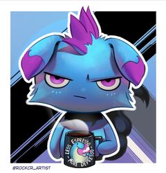  :/ artist_name blue_background blue_fur blue_theme border coffee_mug commentary cup depresso english_commentary holding holding_cup looking_at_viewer mug no_humans pal_(creature) palworld purple_eyes rock_cr twitter_username v-shaped_eyebrows white_border 