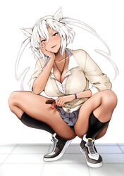  absurdres black_nails black_panties black_skirt black_socks breasts candy cardigan chocolate chocolate_bar cleavage collared_shirt commentary_request contemporary dark-skinned_female dark_skin elbow_on_thigh female food gyaru hair_between_eyes hair_flaps head_rest highres holding holding_food kantai_collection kneehighs large_breasts long_hair musashi_(kancolle) necklace_between_breasts open_mouth panties partially_unbuttoned red_eyes shirt skirt sleeves_rolled_up smile socks solo squatting thighs twintails two_side_up underwear watch white_background white_hair white_shirt wristwatch yunamaro 