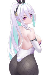  absurdres animal_ears aqua_pupils ass azur_lane back backless_leotard backless_outfit breasts cowboy_shot fake_animal_ears fake_tail female fishnet_pantyhose fishnets from_behind hair_between_eyes highres kearsarge_(all_night_charge)_(azur_lane) kearsarge_(azur_lane) leotard looking_at_viewer looking_back multicolored_leotard obniermarbiss pantyhose playboy_bunny ponytail purple_eyes simple_background strapless strapless_leotard tail white_background white_hair 