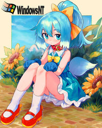  :&lt; animal_collar blue_dress blue_eyes blue_gloves blue_hair bow bowtie collar collared_dress dog_tail dress female flower gloves hairbow halftone highres inu-t looking_at_viewer microsoft_windows multicolored_hair nt-tan os-tan panties ponytail red_footwear shoes sitting sleeveless sleeveless_dress socks solo sunflower tail tsukiyono_aroe underwear white_hair white_panties windows_logo yellow_bow yellow_bowtie 