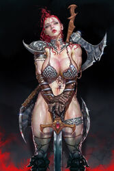  absurdres armlet armor axe battle_axe bikini_armor blood blood_on_hands blood_on_weapon breasts brown_gloves collar commentary_request crescent cuts elbow_gloves english_commentary female foot_out_of_frame gem gloves grey_eyes hand_on_hilt highres injury korean_commentary kyu_yong_eom large_breasts leather leather_gloves lipstick looking_at_viewer makeup metal_collar mixed-language_commentary mole mole_under_eye muscular muscular_female navel parted_lips pauldrons pink_lips planted planted_sword red_gemstone red_hair red_sonja red_sonja_(comics) scale_armor scar scar_on_leg shoulder_armor signature single_pauldron solo standing sword teeth thighlet topknot torn_clothes torn_gloves upper_teeth_only weapon weapon_on_back wet 