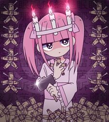  blunt_bangs bow candle closed_mouth doll expressionless ezaki_bisuko female hairbow hammer holding holding_doll holding_hammer japanese_clothes jitome kimono menhera-chan_(ezaki_bisuko) menhera-chan_(ezaki_bisuko)_(character) needle official_art pink_bow pink_hair pink_kimono purple_background shaded_face short_twintails sidelocks solo spiral text_background twintails voodoo_doll wide_sleeves 