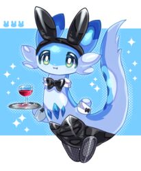  alcohol ambiguous_gender beverage blue_body bunny_costume cheek_tuft chillet clothing container costume cup cute_fangs dragon drinking_glass facial_tuft fake_ears fake_rabbit_ears feral glass glass_container glass_cup green_eyes hi_res legwear multicolored_body murasakigezi mythological_creature mythological_scalie mythology pal_(species) palworld plate pocketpair scalie simple_background stockings tail tuft wine wine_glass 