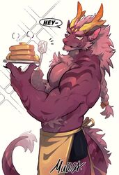  1boy animal_ear_fluff antlers apron bara boxer_briefs braid braided_ponytail claws closed_mouth colored_skin commentary cowboy_shot dragon_boy dragon_ears dragon_tail english_text food fur-tipped_tail furry hands_up holding holding_plate holding_spatula horns looking_at_viewer male_focus male_underwear mudosa original pancake pancake_stack plate purple_skin simple_background solo sparkle spatula speech_bubble standing symbol-only_commentary tail thick_eyebrows topless_male underwear waist_apron white_background yellow_apron yellow_eyes 