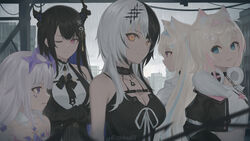  5girls absurdres animal_ear_fluff animal_ears asymmetrical_horns bandaid bandaid_hair_ornament black_hair black_jacket blonde_hair blue_hair breasts cleavage colored_inner_hair cropped_shirt demon_horns dog_ears dog_girl dress fur-trimmed_jacket fur_trim fuwawa_abyssgard fuwawa_abyssgard_(1st_costume) grey_hair hair_ornament headphones headphones_around_neck highres holoadvent hololive hololive_english horns jacket koseki_bijou koseki_bijou_(1st_costume) large_breasts long_hair looking_at_viewer mococo_abyssgard mococo_abyssgard_(1st_costume) multicolored_hair multiple_girls nerissa_ravencroft nerissa_ravencroft_(1st_costume) one_eye_closed pink_hair purple_hair rain serious shiori_novella shiori_novella_(1st_costume) shirt short_hair siblings sisters split-color_hair streaked_hair twins two-tone_hair virtual_youtuber white_dress white_shirt x_hair_ornament zinkaa 