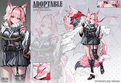  2020 :3 \m/ adoptable allosauc animal animal_ear_fluff animal_ears animal_scarf artist_name asymmetrical_legwear belt belt_buckle black_belt black_footwear black_gloves black_hair black_hakama black_robe black_skirt black_sleeves buckle chest_belt close-up closed_mouth clothed_animal commentary cowboy_shot deviantart_username english_commentary english_text eyelashes female fingerless_gloves fox fox_ears fox_tail full_body gloves gradient_background grey_background hakama hakama_short_skirt hakama_skirt hand_on_hilt haori high_heels highres injury japanese_clothes katana knee_pads knees light_blush long_sleeves looking_at_viewer medium_hair midriff multicolored_hair multiple_views ninja open_clothes open_robe original pink_eyes pink_fur pink_hair polka_dot polka_dot_background red_scarf reference_sheet ribbed_legwear robe scarf sheath sheathed simple_background skirt sleeves_past_elbows smile smoke stirrup_footwear streaked_hair sword tail toes triangle_background weapon white_robe white_scarf white_sleeves zoom_layer 