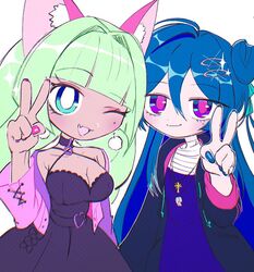  2girls almadeia_ciana animal_ears aqua_ribbon black_dress blue_eyes blue_hair blue_jacket blue_nails blue_shirt breasts bright_pupils cat_ears cleavage commentary cropped_jacket cross cross_necklace dark-skinned_female dark_skin dress earrings funamusea_(style) green_hair hair_between_eyes hair_bun hair_ornament hair_ribbon hairclip heart_belt indie_virtual_youtuber jacket jewelry large_breasts light_blush long_hair looking_at_viewer multiple_girls necklace oerba_yun_fang official_style one_eye_closed open_mouth pink_jacket pink_nails pink_pupils poneko_(vtuber) purple_eyes ribbon shirt simple_background skin_fang smile symbol-only_commentary v virtual_youtuber whistle white_background white_pupils yumeijenny 