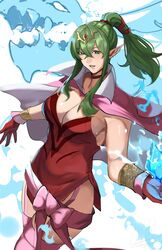  absurdres breasts cape cleavage dragonstone dress female fire_emblem fire_emblem_awakening gloves green_eyes green_hair hair_ornament hair_ribbon highres jewelry large_breasts long_hair looking_at_viewer michael_lavacca pink_cape pink_thighhighs pointy_ears ponytail red_dress red_gloves ribbon short_dress side_slit sideboob simple_background solo teeth thighhighs tiara tiki_(adult)_(fire_emblem) tiki_(fire_emblem) white_background 