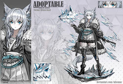  2020 adoptable allosauc animal_ear_fluff animal_ears aqua_sash artist_name black_coat black_footwear black_gloves black_kimono black_sleeves black_thighhighs blue_eyes boots chest_sarashi close-up closed_mouth coat collarbone commentary cross-laced_clothes cryokinesis deviantart_username english_commentary english_text female fingerless_gloves fur-trimmed_boots fur-trimmed_coat fur-trimmed_skirt fur-trimmed_thighhighs fur_trim gloves gradient_background grey_background grey_hakama grey_skirt hair_ornament hair_over_shoulder hakama hakama_short_skirt hakama_skirt hand_on_hilt high-waist_skirt high_heel_boots high_heels icicle japanese_clothes katana kimono light_blush light_frown long_hair long_sleeves looking_at_viewer loose_hair_strand multiple_views open_clothes open_coat original personification pointy_footwear polka_dot polka_dot_background puffy_long_sleeves puffy_sleeves reference_sheet sarashi sheath sheathed short_kimono simple_background skirt snowflake_hair_ornament sword tail thighhighs triangle_background weapon white_hair wolf_ears wolf_head wolf_tail zettai_ryouiki zoom_layer 