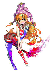  american_flag_dress american_flag_legwear blonde_hair blush clownpiece commentary_request female hat jester_cap long_hair mafuyu_hemp pantyhose photoshop_(medium) red_eyes simple_background solo star_(symbol) striped_clothes striped_pantyhose torch touhou white_background 