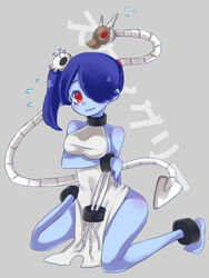  blue_skin breasts female hair_over_one_eye leviathan_(skullgirls) mask painwheel_(skullgirls)_(cosplay) red_eyes skullgirls squigly_(skullgirls) zombie 