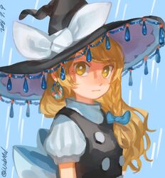  bad_id bad_twitter_id blonde_hair blue_background braid closed_mouth dated earrings embellished_costume expressionless female hat hat_ribbon highres jewelry kirisame_marisa long_hair looking_at_viewer puffy_sleeves ribbon shirt short_sleeves side_braid single_braid solo touhou turtleneck twitter_username upper_body vest witch_hat yai_(hachihito) yellow_eyes 