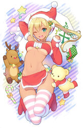  ;d bikini_tan blonde_hair boots box breasts commentary_request detached_sleeves female gel_(chiericyan) gift gift_box green_eyes hat highres large_breasts long_hair looking_at_viewer merry_christmas navel one_eye_closed open_mouth original panties pantyshot santa_boots santa_hat side_ponytail sleeves_past_wrists smile solo star_(symbol) striped_clothes striped_panties striped_thighhighs stuffed_animal stuffed_reindeer stuffed_toy tan tanlines teddy_bear thighhighs underboob underwear 