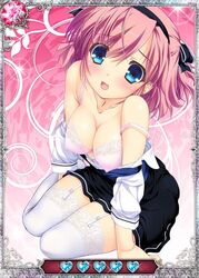  black_ribbon blue_eyes bra breasts card_(medium) cleavage collarbone female garter_straps grisaia_(series) grisaia_no_kajitsu hair_ribbon kneeling komine_sachi looking_at_viewer medium_breasts open_mouth pink_bra pink_hair ribbon short_hair solo thighhighs underwear white_thighhighs 