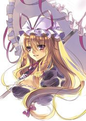  absurdres bad_id bad_pixiv_id blonde_hair breasts cleavage dress female hair_ribbon hat hat_ribbon highres jiji_(381134808) large_breasts long_hair looking_at_viewer mob_cap parasol photoshop_(medium) purple_dress purple_eyes ribbon smile solo touhou tress_ribbon umbrella upper_body very_long_hair yakumo_yukari 