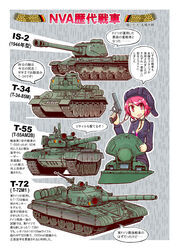  breasts caterpillar_tracks commentary_request east_german female flare_gun gun handgun helmet highres is-2 machine_gun meijou_inurou military military_vehicle motor_vehicle nationale_volksarmee original photoshop_(medium) pink_hair red_eyes small_breasts t-34 t-34-85 t-55 t-72 tank tank_helmet translation_request weapon 