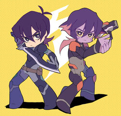  1boy black_hair bodysuit colored_sclera colored_skin commentary_request facial_mark female fighting_stance grey_eyes gun keith_(voltron) krolia miyata_(lhr) mother_and_son purple_eyes purple_hair purple_skin sword voltron:_legendary_defender voltron_(series) weapon yellow_sclera 