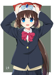  blazer blue_eyes bow bowtie brown_hair commentary_request cowboy_shot eyebrows female hands_on_own_head hat jacket long_hair looking_at_viewer nelly_virsaladze numenume_(powa-ogutyogutyo) open_mouth pleated_skirt ponytail red_bow saki_(manga) school_uniform skirt solo very_long_hair 