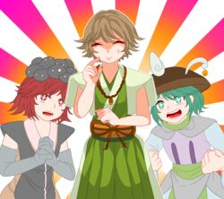  1jumangoku 3others ajirogasa androgynous antennae aqua_eyes aqua_hair azuma_kaisen bad_id bad_pixiv_id brown_eyes brown_hair detached_sleeves elbow_gloves gloves hair_ornament hakama hakama_skirt hat highres jacket jacket_on_shoulders japanese_clothes kesa_kujiru len&#039;en multiple_others ogata_garaiya other_focus scarf short_hair skirt slug smile tadpole tadpole_hat tadpole_tail 