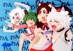  4girls ahoge animal_ears arms_up artist_name blue_background blue_eyes blush braid brown_hair carte closed_eyes commentary_request detached_sleeves dog_ears dress fangs gaijin_4koma_(meme) green_eyes green_hair hat highres imaizumi_kagerou inu_sakuya_(nejikirio) inubashiri_momiji izayoi_sakuya kasodani_kyouko long_hair long_sleeves looking_away maid_headdress meme multiple_girls one_eye_closed open_mouth parody pointing pom_pom_(clothes) puffy_sleeves red_eyes shirt short_hair short_sleeves smile sound_effects_only text_background three_quarter_view tokin_hat touhou translated turtleneck twin_braids white_hair wide_sleeves wolf_ears 