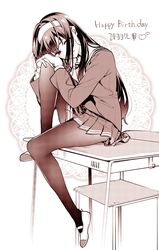  black_hair black_pantyhose chair commentary_request desk female hairband kasumigaoka_utaha long_hair looking_at_viewer miniskirt monochrome musha_sabu pantyhose pleated_skirt saenai_heroine_no_sodatekata school_uniform sitting skirt solo white_hairband 