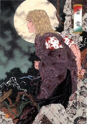  1boy blonde_hair blood closed_mouth floral_print from_side hakama japanese_clothes katana looking_away male_focus metal_gear_(series) moon night profile raiden solo sword traditional_clothes yamamoto_takato 