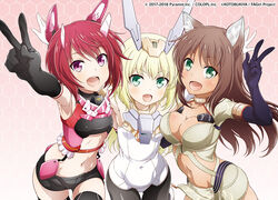  3girls :d alice_gear_aegis animal_ears baselard black_gloves black_legwear blonde_hair breasts brown_hair cat_ears covered_navel crossover dark-skinned_female dark_skin elbow_gloves flat_chest frame_arms_girl girl_sandwich gloves green_eyes himukai_rin honeycomb_(pattern) honeycomb_background kaneshiya_sitara kemonomimi_mode kitagawa_daisuke large_breasts long_hair looking_at_viewer multiple_girls navel official_art open_mouth pink_background purple_eyes red_hair sandwiched short_hair short_shorts shorts smile thighhighs v 