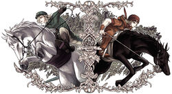  2boys argyle_clothes argyle_sweater azuma_yuuki blonde_hair blue_eyes boots commentary_request diego_brando feathers hair_over_one_eye hat horse horseback_riding horseshoe johnny_joestar jojo_no_kimyou_na_bouken multiple_boys riding scary_monsters_(stand) silver_bullet_(jojo) slow_dancer_(jojo) steel_ball_run sweater tail wristband 