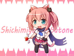  animal_ears aqua_eyes blue_eyes cat_ears character_name chibi chuunibyou_demo_koi_ga_shitai! commentary female folded_hair hair_rings langbazi necktie photoshop_(medium) pink_hair scarf school_uniform shichimiya_satone standing thighhighs wand 