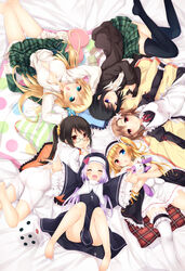  6+girls absurdres apron ass bare_legs barefoot black_hair black_thighhighs blazer blonde_hair blue_eyes blue_panties blush boku_wa_tomodachi_ga_sukunai breasts brown_eyes brown_hair bug butterfly butterfly_hair_ornament circle_formation cleavage closed_eyes dress fetal_position flower glasses gothic_lolita habit hair_flower hair_ornament hairband hasegawa_kobato hatachi heart heterochromia highres jacket kashiwazaki_sena kusunoki_yukimura lab_coat large_breasts lolita_fashion lolita_hairband long_hair looking_at_viewer lying maid maid_headdress mikazuki_yozora multiple_girls no_bra no_shoes nun oerba_yun_fang on_back on_side on_stomach open_mouth outstretched_arms panties ponytail purple_eyes purple_hair red_eyes school_uniform shiguma_rika short_hair side_ponytail skirt smile st._chronica_academy_school_uniform stuffed_animal stuffed_rabbit stuffed_toy takayama_maria thighhighs twintails two_side_up unbuttoned underwear white_legwear 