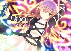  ajiriko arm_ribbon arm_up bad_id bad_pixiv_id banned_artist black_dress blonde_hair breasts brown_eyes danmaku dress gradient_hair hijiri_byakuren juliet_sleeves large_breasts layered_dress long_hair long_sleeves looking_at_viewer multicolored_hair one_eye_closed puffy_sleeves purple_hair ribbon scroll smile solo touhou very_long_hair white_dress 