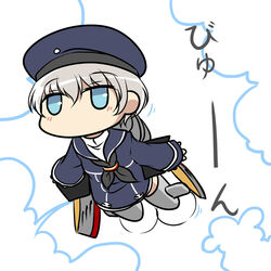  blue_eyes carillus chibi commentary_request creator_connection female grey_hair hat kantai_collection parody photoshop_(medium) sailor_collar short_hair sleeves_past_wrists solo striker_unit translated world_witches_series z1_leberecht_maass_(kancolle) 