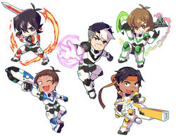  4boys black_gloves black_hair blue_eyes bodysuit brown_eyes brown_hair chibi commentary_request dark-skinned_male dark_skin female glasses gloves glowing glowing_hand grey_eyes grin gun headband hunk_(voltron) keith_(voltron) lance_(voltron) miyata_(lhr) multicolored_hair multiple_boys one_eye_closed open_mouth pidge_gunderson scar scar_on_face smile sword takashi_shirogane two-tone_hair voltron:_legendary_defender voltron_(series) weapon white_hair 