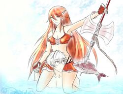  1boy absurdres bikini blush couple female fire_emblem fire_emblem:_kakusei fire_emblem_heroes fish gloves gold_eyes hair_ornament highres long_hair looking_at_viewer male_my_unit_(fire_emblem:_kakusei) multiple_girls my_unit_(fire_emblem:_kakusei) navel nintendo platinum_hair polearm red_eyes red_gloves red_hair shell smile spear starfish summer sweatdrop swimsuit thighs tiamo very_long_hair weapon white_hair winged_hair_ornament 