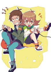  1boy :d blue_eyes boots brown_eyes brown_hair clenched_teeth commentary_request controller cushion dark-skinned_male dark_skin female game_controller glasses jacket lance_(voltron) miyata_(lhr) open_mouth pidge_gunderson shorts sitting smile teeth v-shaped_eyebrows voltron:_legendary_defender voltron_(series) 