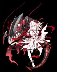  abyssal_ship bare_shoulders barefoot black_background braid colored_skin commentary_request corruption crossover cuffs dress eye_trail female flower full_body glowing glowing_eyes hair_flower hair_ornament highres hika_(cross-angel) holding holding_scythe kantai_collection light_trail long_hair pale_skin parted_lips red_eyes scythe sergestid_shrimp_in_tungkang shackles side_braid simple_background solo white_dress white_hair white_skin xuan_ying 