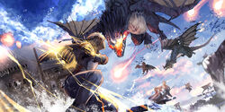  6+boys action bird cloud commentary_request day dragon fighting fireball fortress from_below gauntlets hairband isu_(artist) multiple_boys outdoors pixiv_fantasia pixiv_fantasia_fallen_kings sky water 