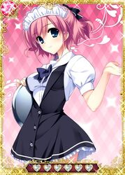  black_ribbon blue_eyes card_(medium) female grisaia_(series) grisaia_no_kajitsu hair_ribbon komine_sachi looking_at_viewer maid maid_headdress pink_hair ribbon short_hair smile solo 