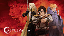  3boys alucard_(castlevania) beard bishounen blonde_hair brown_hair castlevania_(netflix) castlevania_(series) cloak coat commentary_request copyright_name cross dagger dracula_(castlevania) facial_hair fangs female highres knife long_hair looking_at_viewer magic moustache multiple_boys official_art open_mouth orange_hair popped_collar red_background samuel_deats sword sypha_belnades trevor_c._belmont vampire weapon whip yellow_eyes 