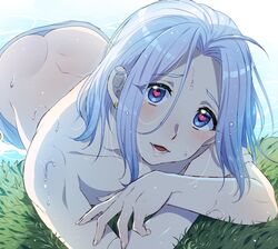  1boy arslan arslan_senki ass blue_eyes blush butt_crack commentary_request earrings grass heart heart-shaped_pupils ikezaki_misa jewelry male_focus open_mouth partially_submerged solo symbol-shaped_pupils water white_hair 