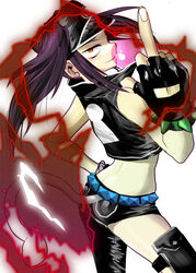  asymmetrical_clothes bad_id bad_pixiv_id belt beros blood_lad bracelet commentary_request crop_top enoki-kou female fingerless_gloves gloves hand_on_own_hip jewelry long_hair middle_finger midriff orange_eyes pale_skin parted_lips photoshop_(medium) purple_hair short_shorts shorts single_pantsleg sleeveless solo spiked_bracelet spikes tail visor_cap 