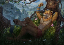  2018 4_toes 5_fingers amber_eyes anthro barefoot biped black_pawpads blue_markings blue_nose bottomwear cliff clothed clothing conditional_dnp day detailed detailed_background detailed_fur dexterlion digital_media_(artwork) feet felid fingers flower fur grass hand_behind_head holding_object jewelry latex_(artist) lion male mammal mane markings mountain nature necklace outside pantherine pants pawpads plant realistic reclining sky soles solo tan_body tan_fur toes topless tree yellow_body yellow_eyes yellow_fur 