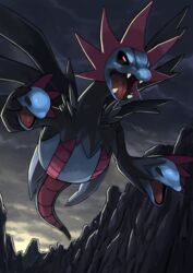  cloud cloudy_sky commentary_request dark_clouds day dragon dragon_tail fangs floating full_body glowing glowing_eyes highres hydreigon multiple_heads multiple_wings no_humans nostrils open_mouth outdoors pokemon pokemon_(creature) red_eyes sky snout solo tail tesshii_(riza4828) tongue wings 