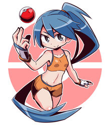  arm_up bare_shoulders battle_girl_(pokemon) blue_hair blush breasts closed_mouth collarbone commentary_request crop_top female fingerless_gloves fingernails gloves grey_eyes groin hair_between_eyes high_ponytail long_hair naga_u navel orange_shorts orange_sports_bra poke_ball poke_ball_(basic) pokemon pokemon_oras ponytail short_shorts shorts sidelocks small_breasts smile solo sports_bra standing standing_on_one_leg underwear v-shaped_eyebrows very_long_hair white_gloves 