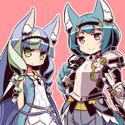  2girls 7th_dragon_(series) 7th_dragon_iii animal_ear_fluff animal_ears armor banisher_(7th_dragon_iii) bare_shoulders black_hairband blue_dress blue_hair blush breastplate breasts brown_background brown_eyes closed_mouth commentary_request dress fortuner_(7th_dragon) green_eyes green_hair hairband light_frown lucier_(7th_dragon) multicolored_hair multiple_girls murmur_(7th_dragon) naga_u outline purple_hair sleeveless sleeveless_dress small_breasts smile two-tone_hair white_outline 