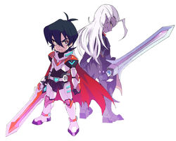  2boys back-to-back black_hair bodysuit cape colored_sclera colored_skin commentary_request grey_eyes keith_(voltron) lotor_(voltron) male_focus miyata_(lhr) multiple_boys pointy_ears purple_eyes purple_skin sword voltron:_legendary_defender voltron_(series) weapon white_hair yellow_sclera 